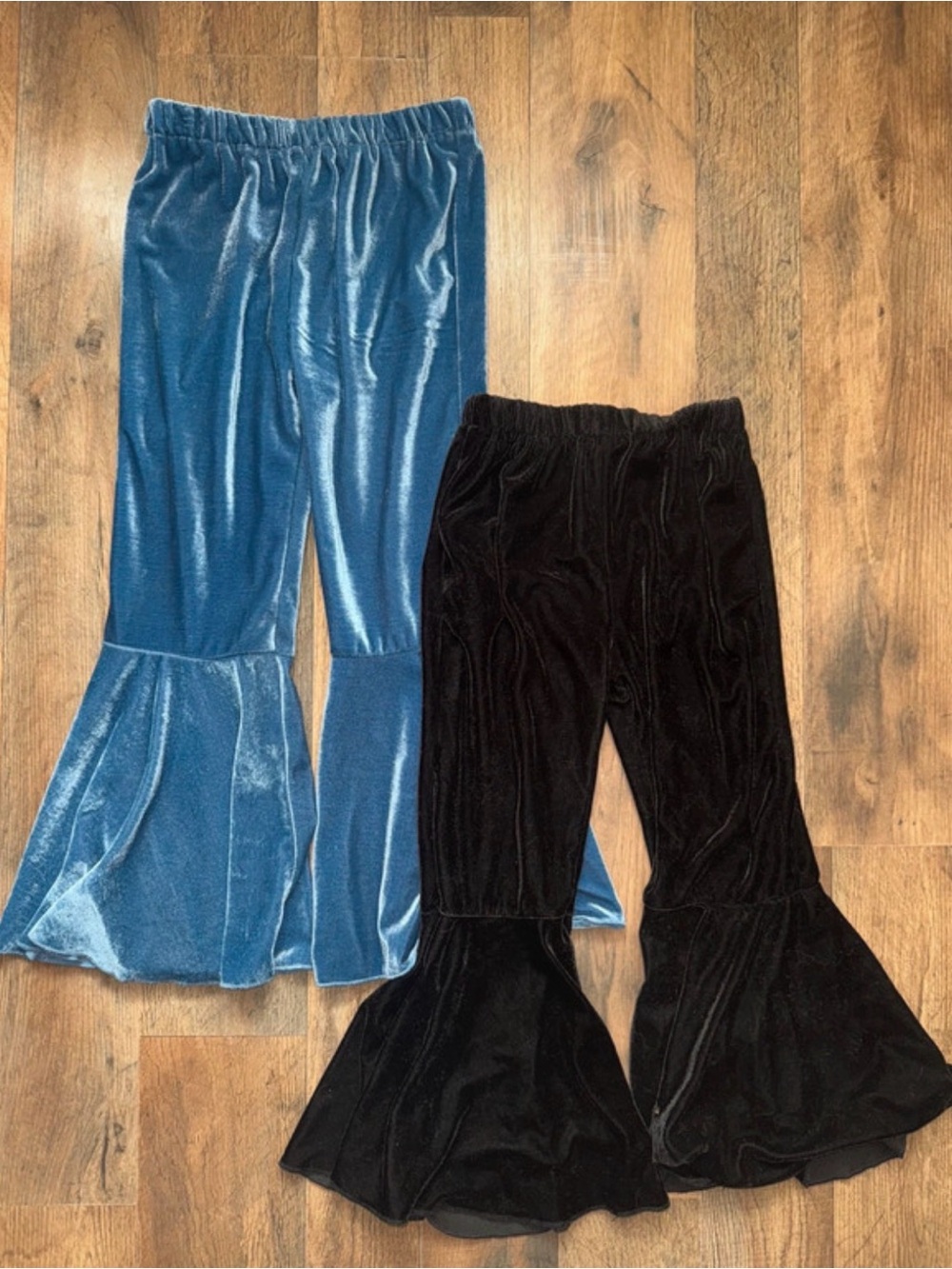 Kids Velvet Ruffle Hem Flared Pants - Blue and Black